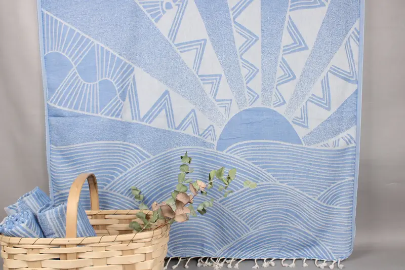 Organic Beach Towel Blue Patterned Turkish Cotton, 40x71 Inches