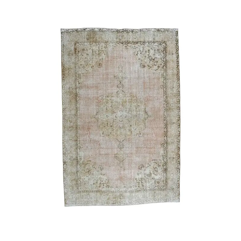 Vintage Turkish Oversize Rug 6.9x10.3 ft, Gray Pink Striped Wool Rug - 1