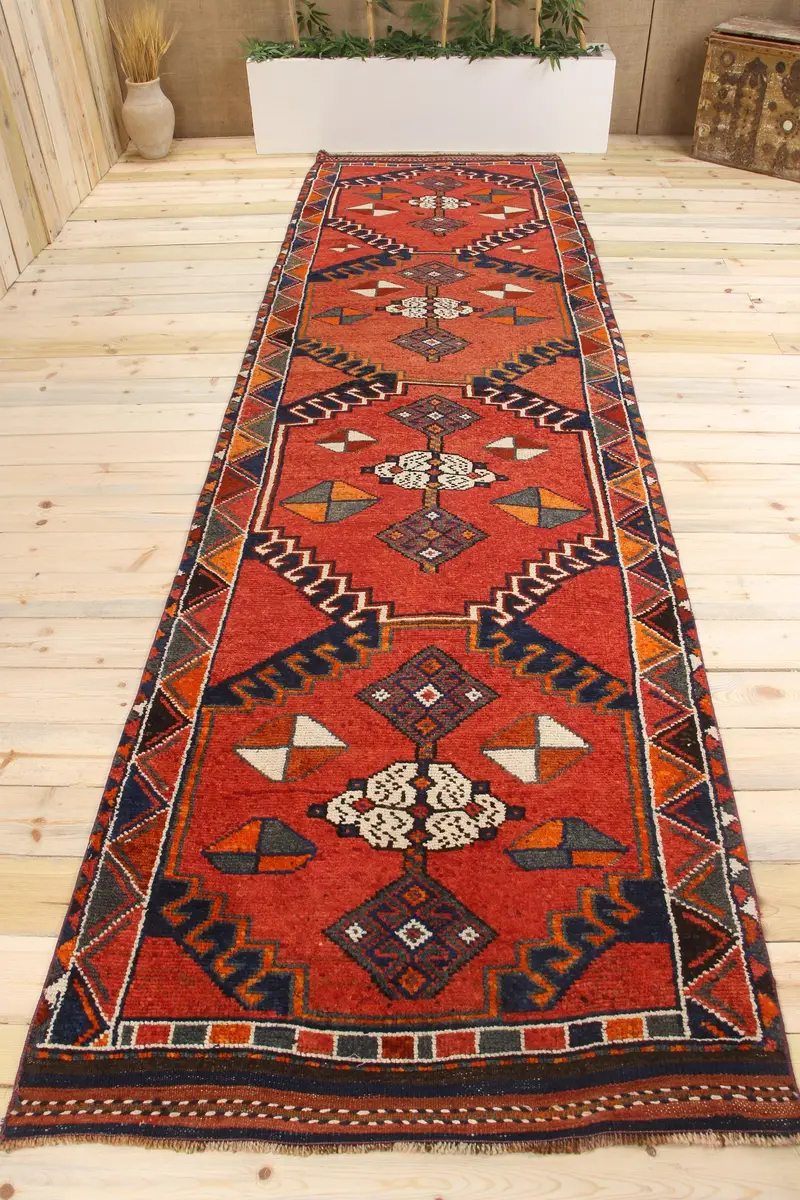 Handmade Red & Blue Rug, 0.3x13.1 ft Botanical Design