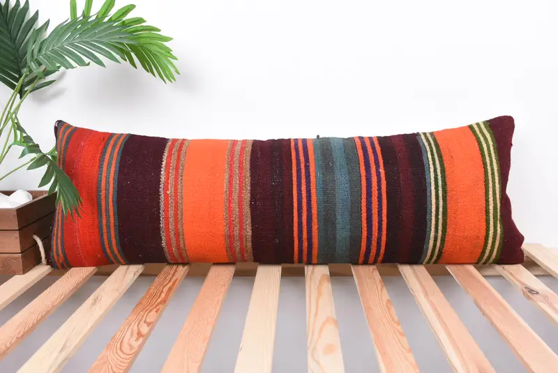 Turkish Kilim Pillow, Pillow, Floor Cushion, Garden Cushion, Turkish Pillow, Handmade Kilim Cushion, Garden Cushion Cover, 12x36 Orange Pillow - 1