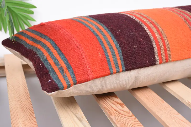 Turkish Kilim Pillow, Pillow, Floor Cushion, Garden Cushion, Turkish Pillow, Handmade Kilim Cushion, Garden Cushion Cover, 12x36 Orange Pillow - 6
