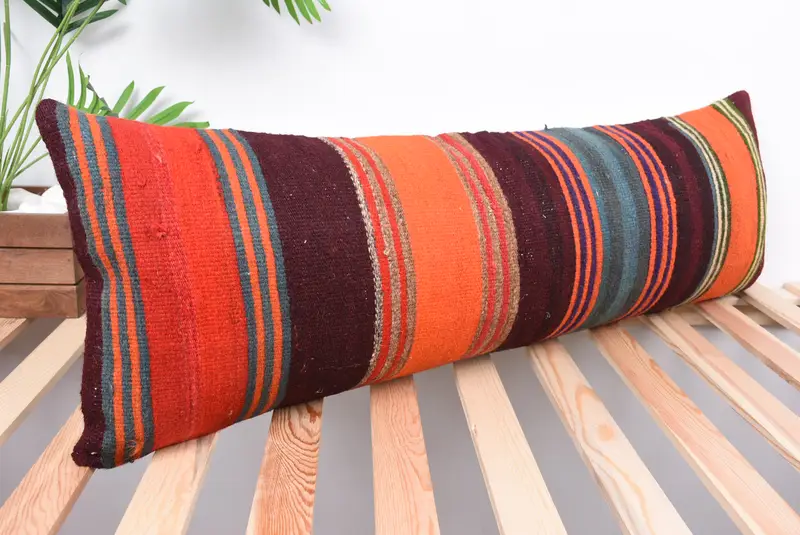 Turkish Kilim Pillow, Pillow, Floor Cushion, Garden Cushion, Turkish Pillow, Handmade Kilim Cushion, Garden Cushion Cover, 12x36 Orange Pillow - 4