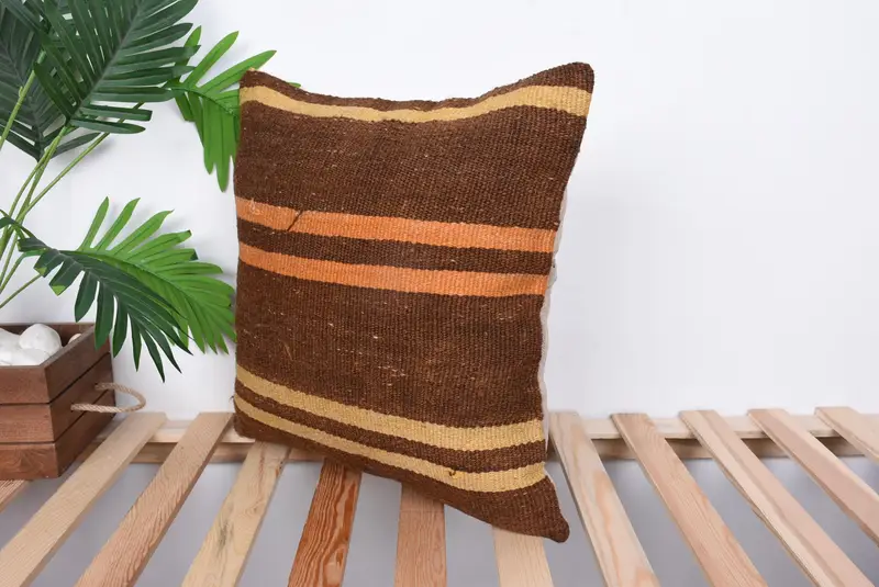 Pillow for Sofa, Throw Kilim Pillow, 18x18 Brown Cushion Case, Ethnical Kilim Rug Pillow, Cushion Case, Outdoor Patio Cushion Case - 5