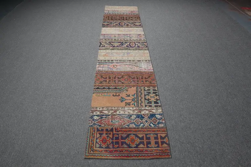 2x10.5 ft Vintage Runner Halı, Mavi Kırmızı Türk Soyut Yün Halı - 1