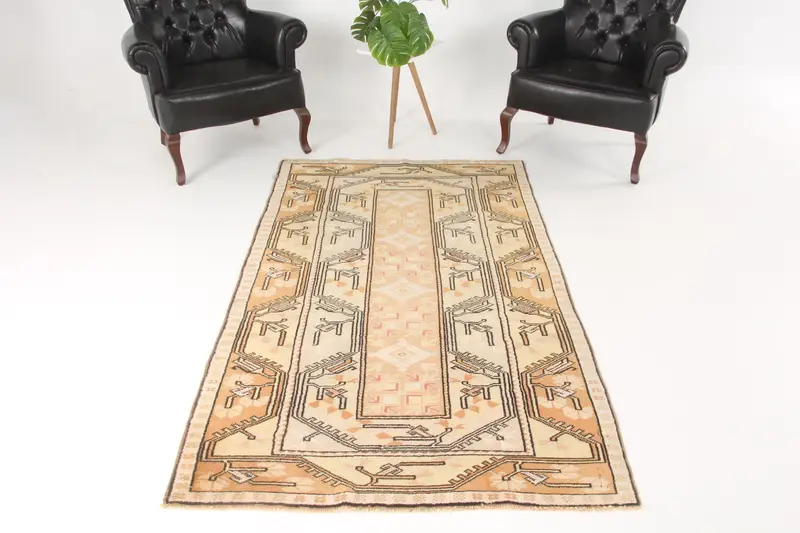 Turkish 6.7x4 ft Area Rug, Vintage Rug, Oushak Brown Ikat Rug - 1