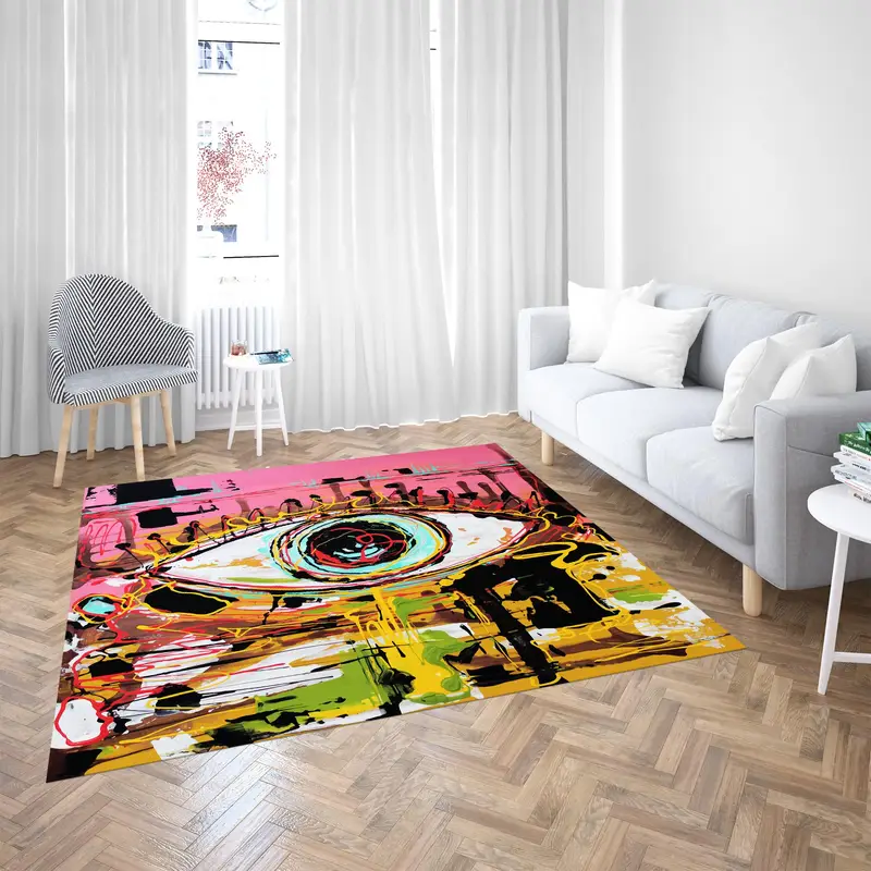 Alfombra estampada elegante: diseño de grafiti de ojos coloridos en rosa
