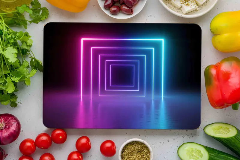 半透明のガラスまな板、滑り止めの足付き、モダンなデザイン