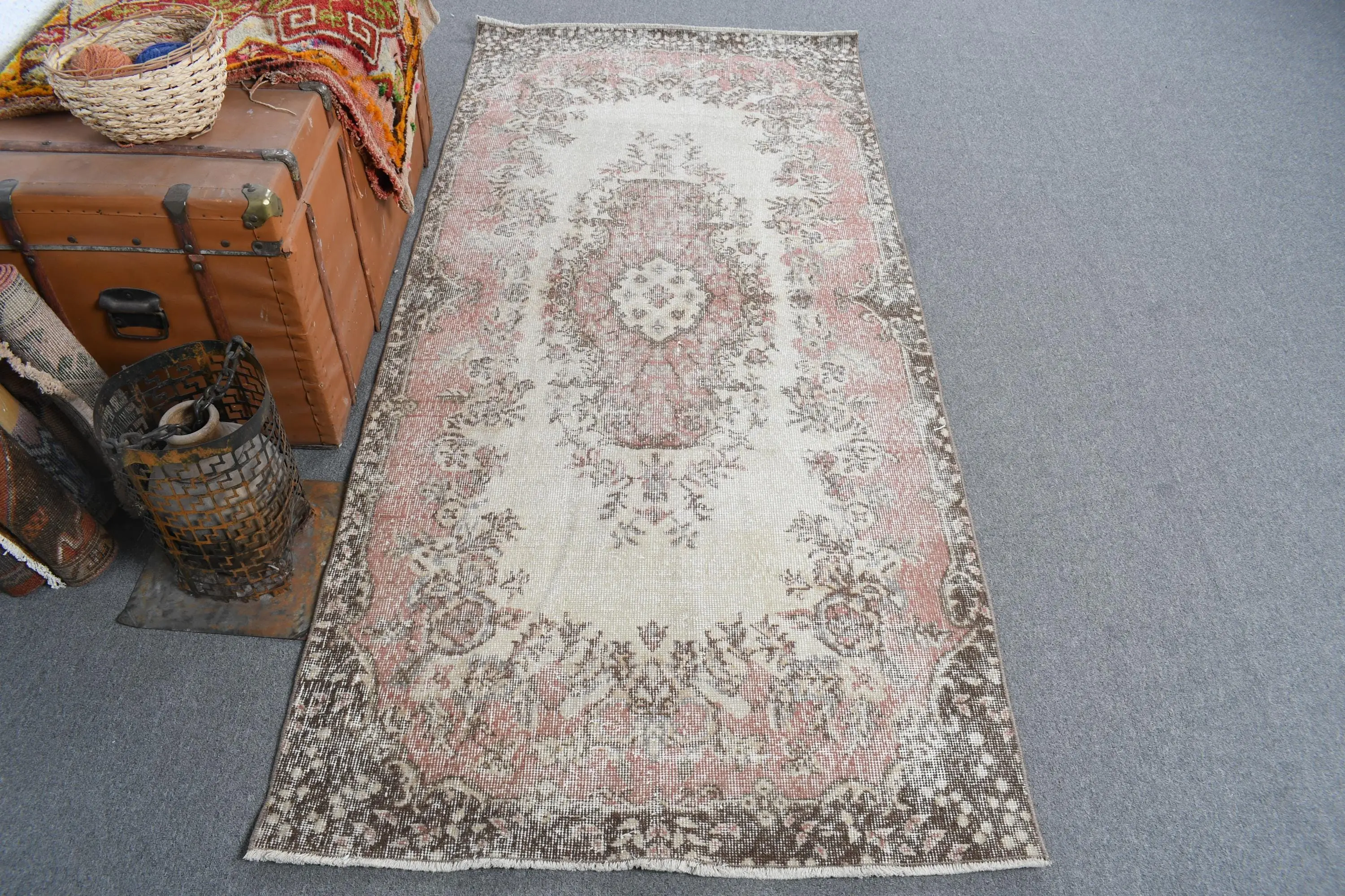 3.2x7.3 ft Türk Halısı, Vintage Vurgu Halısı, Kahverengi Pembe Çizgili Halı - 1