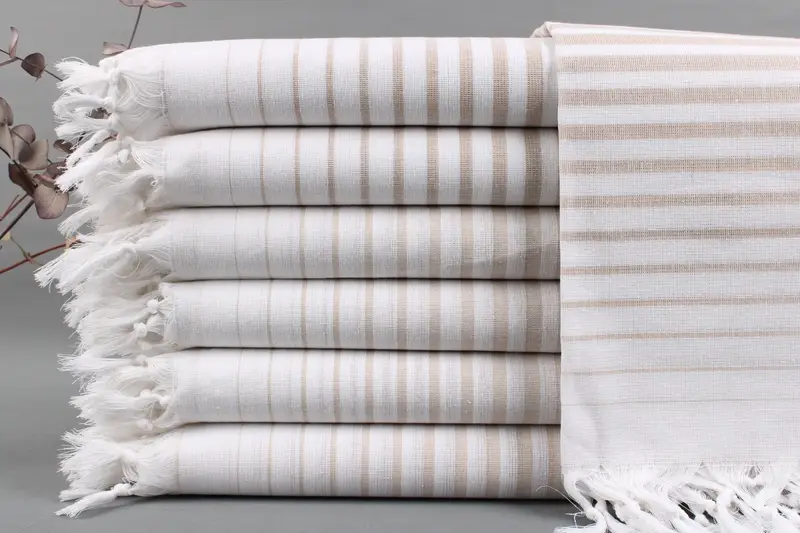 Organic Beach Towel Beige Striped, Handmade Turkish Cotton, 40x69 Inches