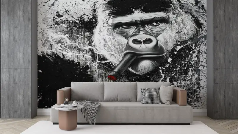 Gorilla Smoking, Animal Wall Mural, Loft Wall Painting, Monkey Wall Print, Gorilla Wall Mural, Smoking Wall Paper, - 3
