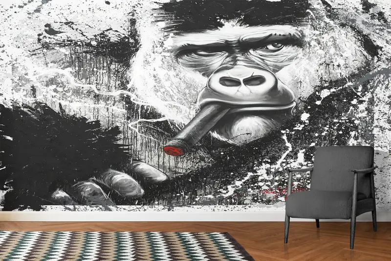 Gorilla Smoking, Animal Wall Mural, Loft Wall Painting, Monkey Wall Print, Gorilla Wall Mural, Smoking Wall Paper, - 2