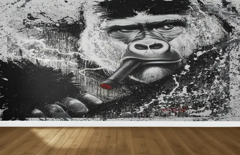 Gorilla Smoking, Animal Wall Mural, Loft Wall Painting, Monkey Wall Print, Gorilla Wall Mural, Smoking Wall Paper, - 1
