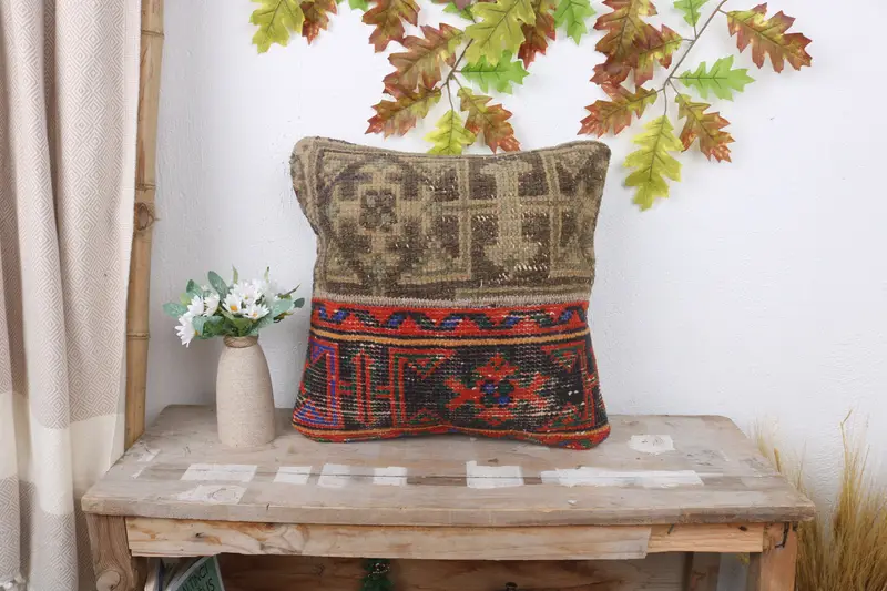 Kilim Pillow Cover, Cushion, Nautical Throw Pillow Cover, 16x16 Red Cushion, Kilim Cushion Sham, Boho Pillow, Kilim Rug Cushion Cover - 1