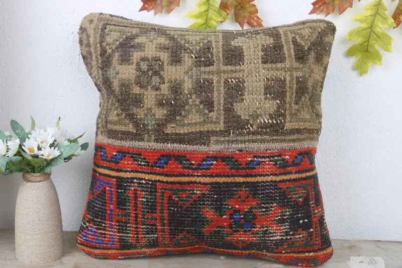 Kilim Pillow Cover, Cushion, Nautical Throw Pillow Cover, 16x16 Red Cushion, Kilim Cushion Sham, Boho Pillow, Kilim Rug Cushion Cover - 2