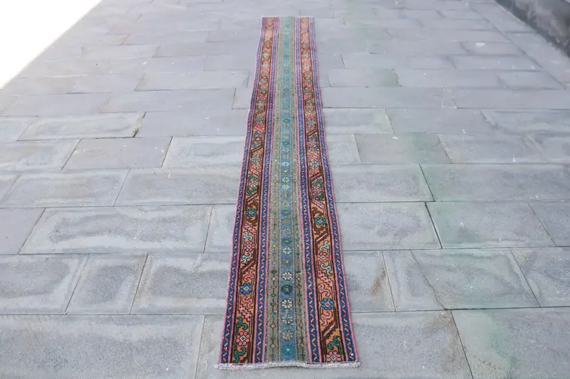 Vintage 1.4x11.6 ft Rug, Oushak Turkish Rug, Blue Patchwork Rug Wool - 1