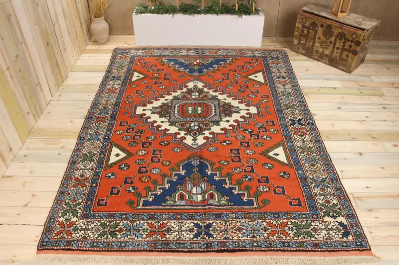 Handmade Red Oriental Rug, 0.6x9.3 ft with Blue Accents