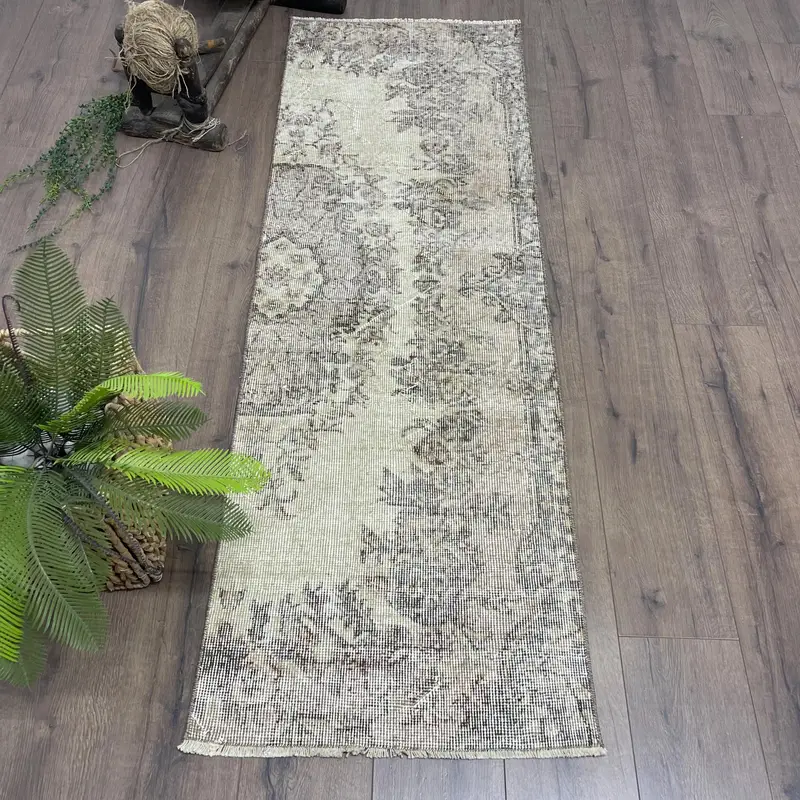 Turkish Oushak Runner Rug 2x6 ft (61x183 cm), Vintage Gray Camouflage Wool Rug - 1