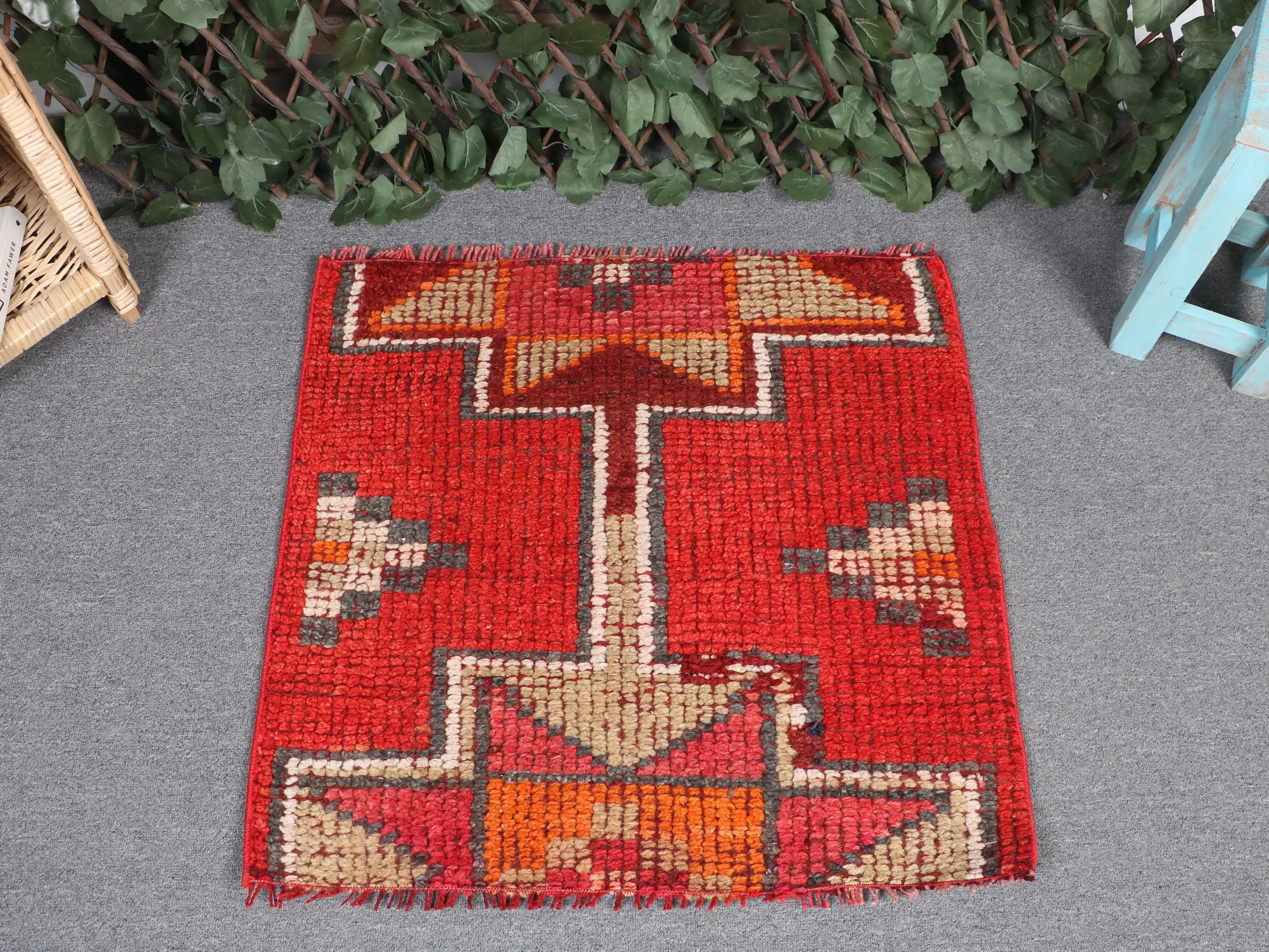 2.4x2.4 ft Turkish Rug, Vintage Small Rug, Red Orange Patchwork Rug - 1