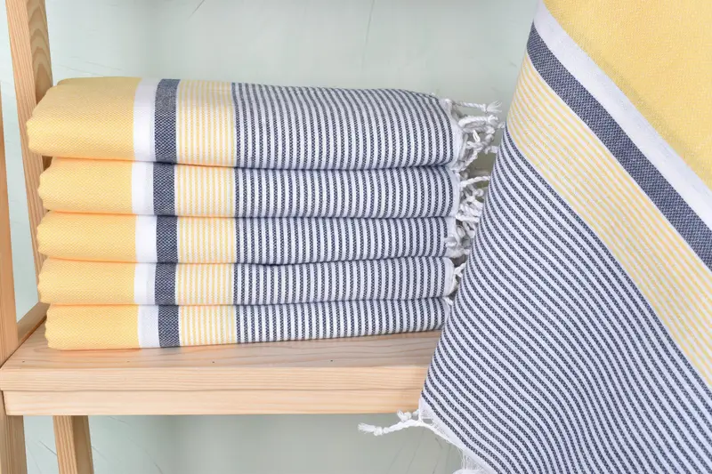 Navy Blue-Yellow Striped Beach Towel, Organic Cotton/Linen, 40x67 Inches