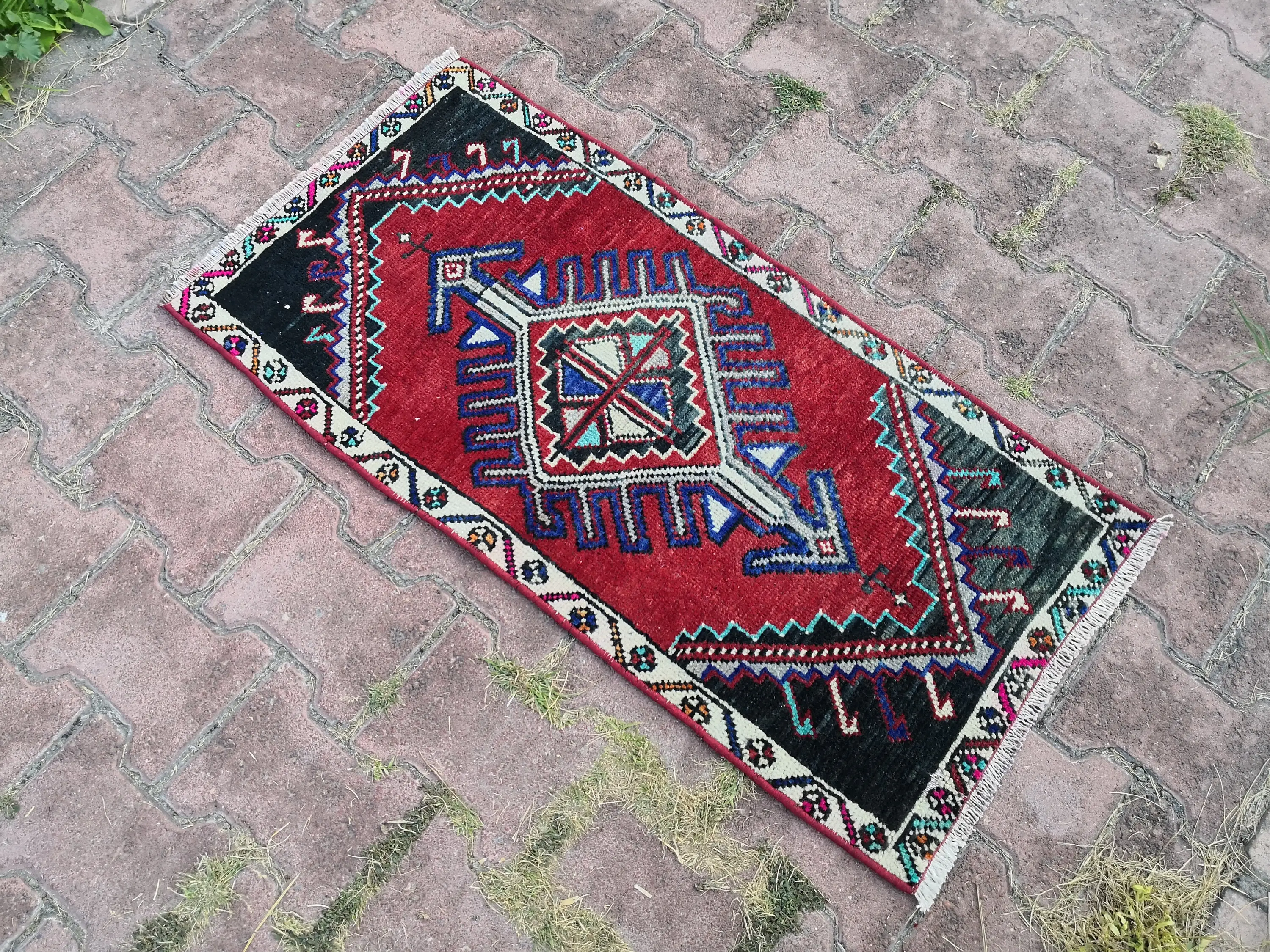 Alfombra vintage turca, alfombra pequeña de 1,5x3,1 pies, alfombra azul roja - 1