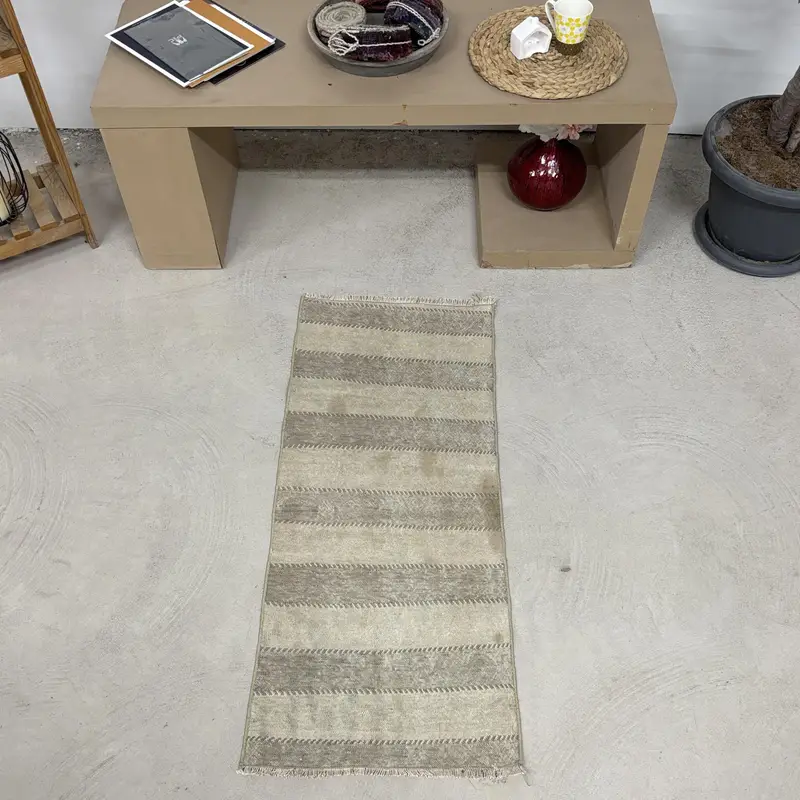Vintage Rug, 1.6x3.8 ft Turkish Rug, Beige Gray Ikat Wool Rug - 1