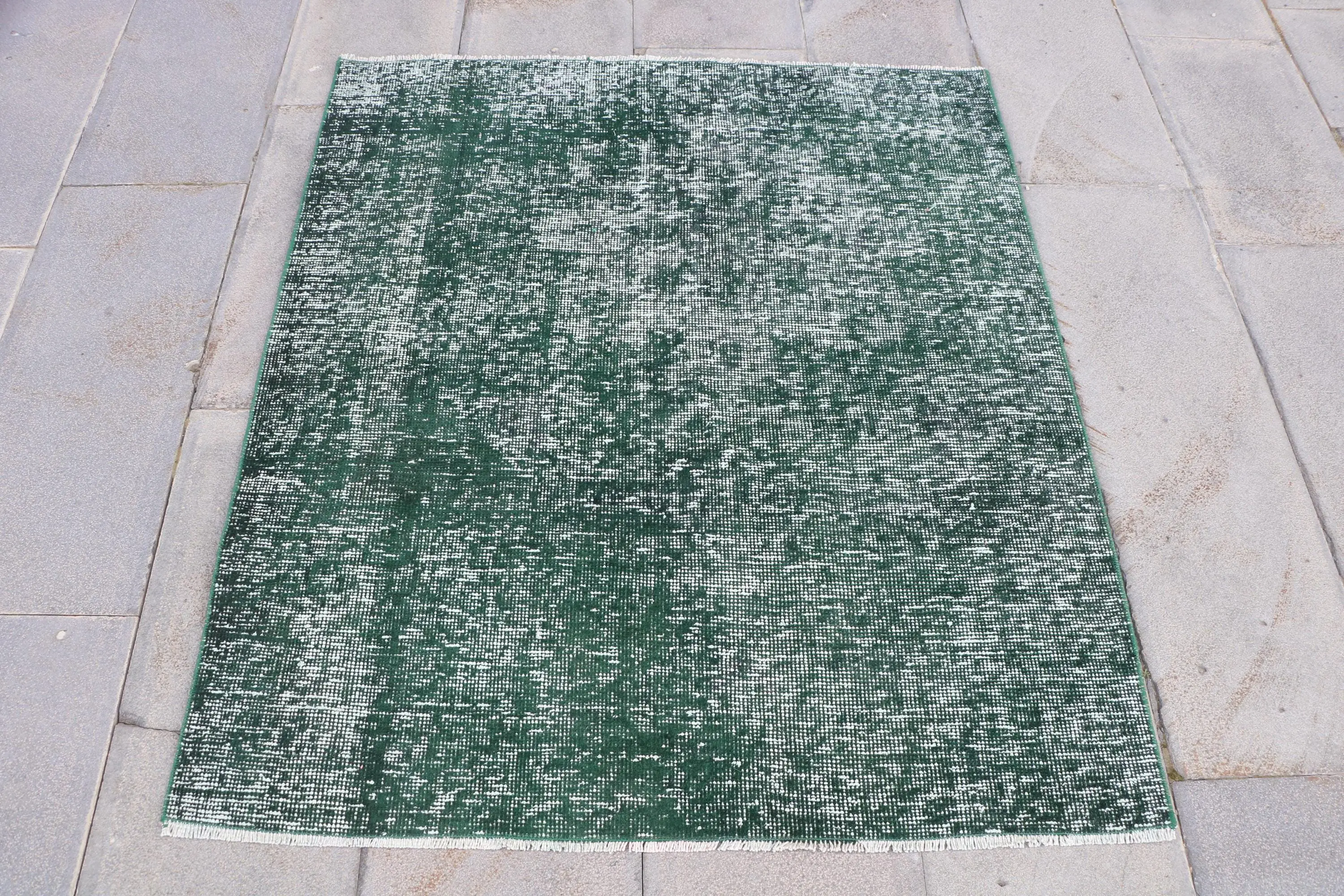 Vintage Türk Vurgulu Halı 3,7x4,2 ft, Yeşil Kareli Halı - 1
