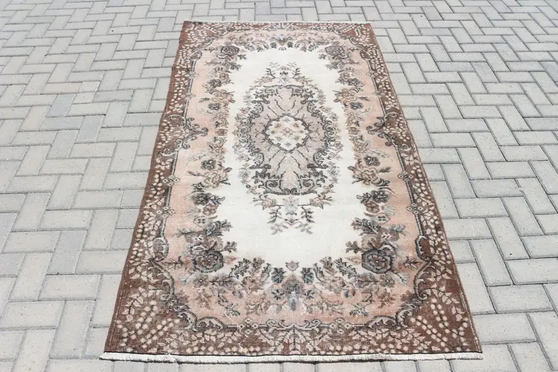 Türk Vintage Oushak Halı 3.8x7 ft, Kahverengi Alan Patchwork Yün Halı - 1