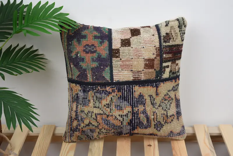 Vintage Kilim Throw Pillow, Gift Pillow, Pillow Case, Vintage Kilim Pillow Cushion Cover, Pillow for Sofa, 16x16 Blue Pillow Sham - 1