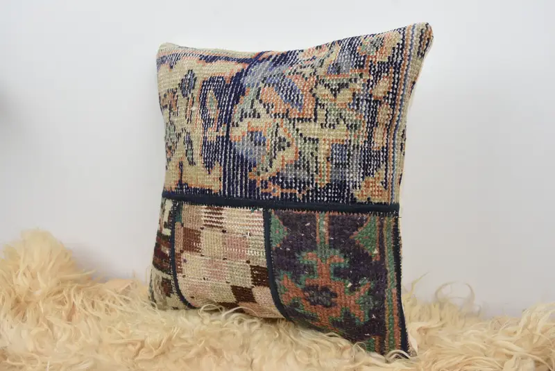 Vintage Kilim Throw Pillow, Gift Pillow, Pillow Case, Vintage Kilim Pillow Cushion Cover, Pillow for Sofa, 16x16 Blue Pillow Sham - 7