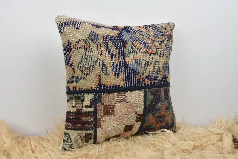 Vintage Kilim Throw Pillow, Gift Pillow, Pillow Case, Vintage Kilim Pillow Cushion Cover, Pillow for Sofa, 16x16 Blue Pillow Sham - 8