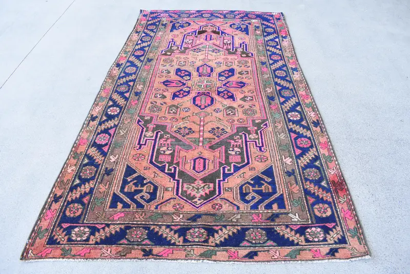 Turkish Vintage Oushak Area Rug 4.1x7.4 ft, Orange Check Rug Wool - 1