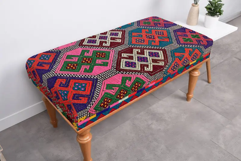 Pink & Bronze Kilim Bench with Storage, Versatile Bench