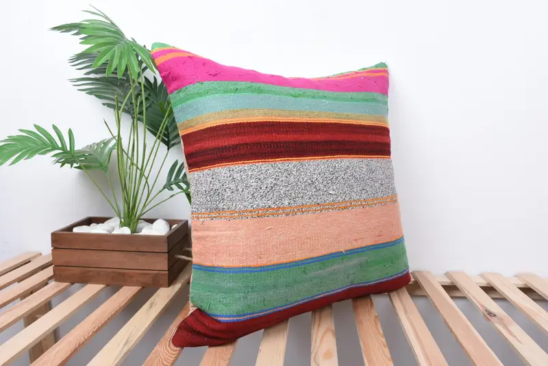 Kilim Pillow, Vintage Kilim Pillow, 24x24 Green Cushion Cover, Boho Pillow Sham Cover, Cushion Case, Pastel Pillow, Muted Cushion - 4