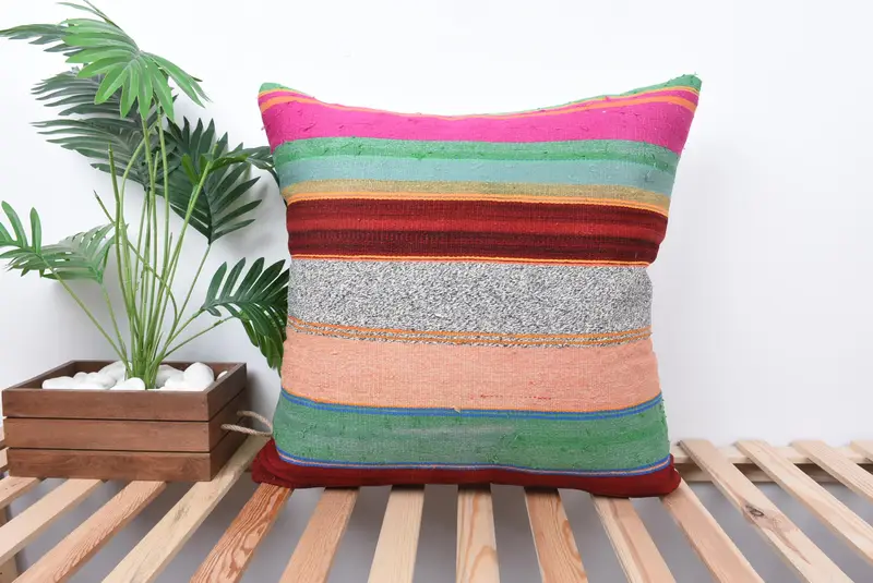 Kilim Pillow, Vintage Kilim Pillow, 24x24 Green Cushion Cover, Boho Pillow Sham Cover, Cushion Case, Pastel Pillow, Muted Cushion - 1