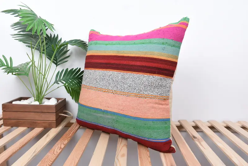 Kilim Pillow, Vintage Kilim Pillow, 24x24 Green Cushion Cover, Boho Pillow Sham Cover, Cushion Case, Pastel Pillow, Muted Cushion - 5