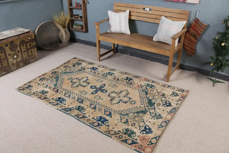 Eleganter Teppich mit beige-blauem Karomuster, 1,1 x 1,8 m, schickes Dekor