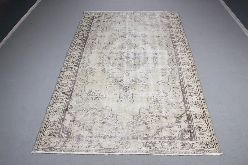 Vintage Rug, 6x9.6 ft Large Turkish Rug, Oushak Gray Brown Patchwork Rug - 1