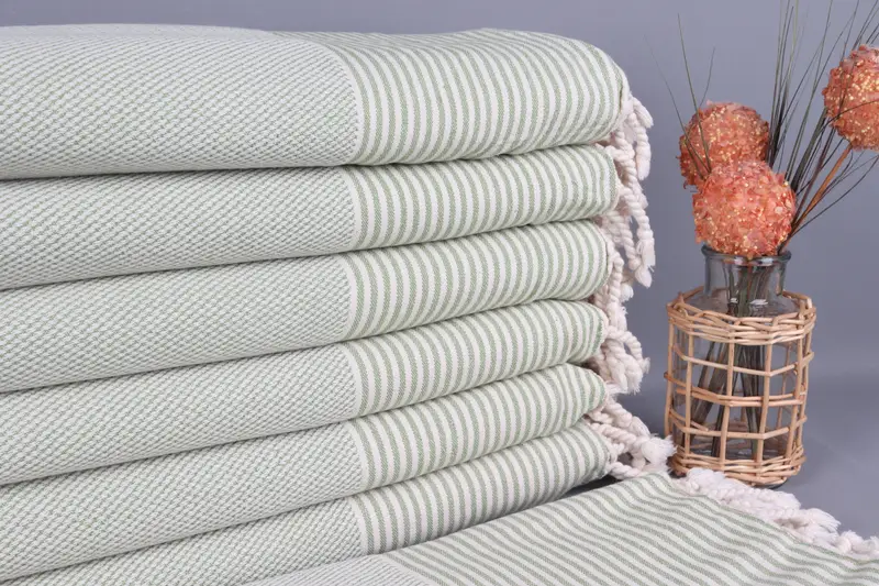 Turkish Beach Towel, Custom Khaki Green Striped, Organic Cotton, 36x71 Inches