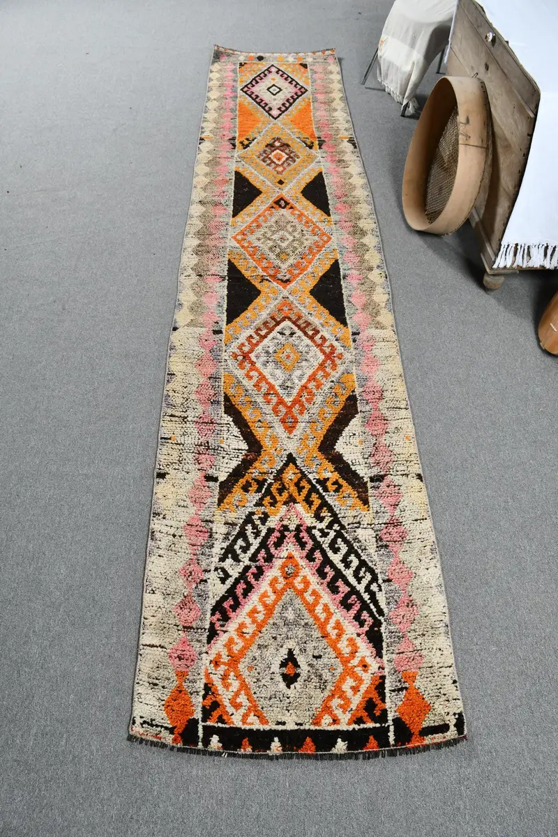 Turkish 2.4x12.2 ft Runner Rug, Vintage Rug, Herki Orange Bordered Rug - 1