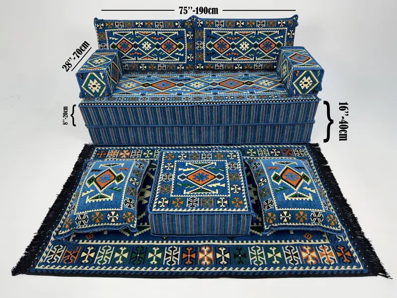 Dikdörtgen Kilimden Esinlenmiş Puf, Mavi & Turuncu Yün Osmanlı Puf