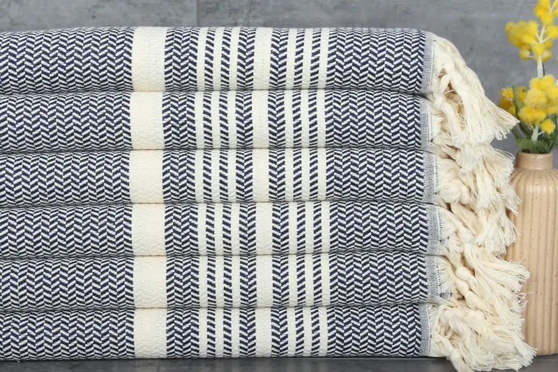 Navy Cotton Tea Towel Turkish, Striped Hand Towel, Personalized, 18x40 Inches