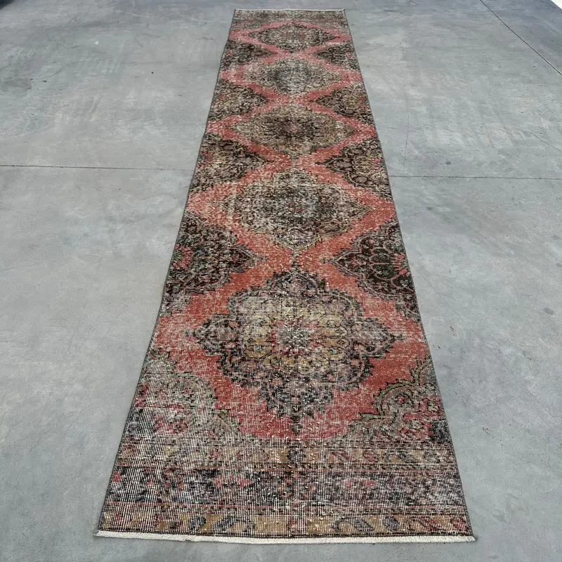 Vintage Turkish Rug, 2.7x12.5 ft Oushak Rug, Red Wool Rug - 1