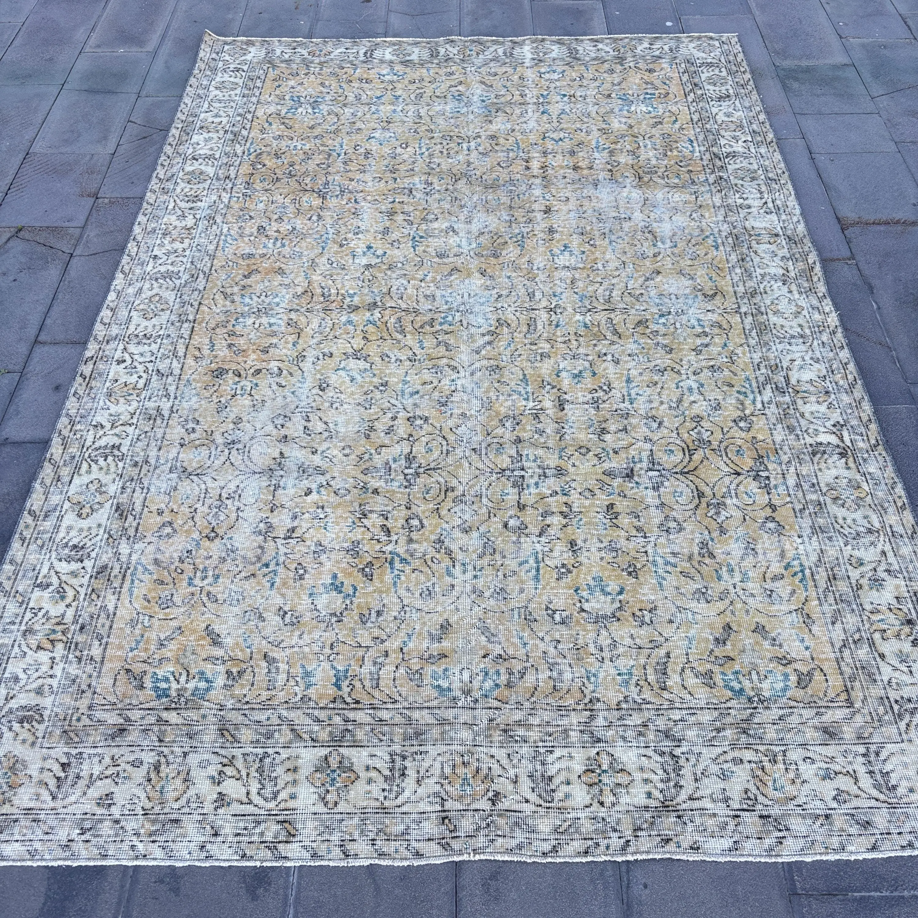 7.1x10.5 ft Vintage Turkish Rug, Oversize Rug, Blue Southwestern Rug - 1