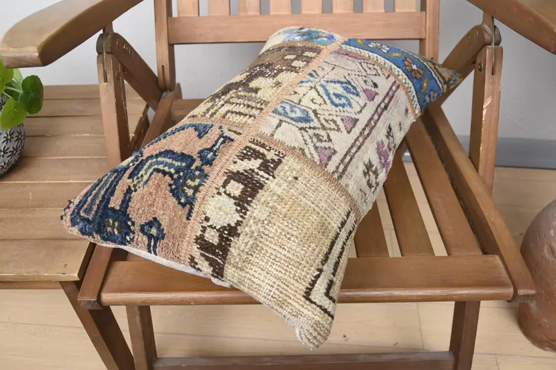 Turkish Corner Pillow Sham, Ethnical Kilim Rug Pillow, Cushion Cover, 12x20 Blue Cushion Cover, Interior Designer Pillow, Gift Pillow - 4