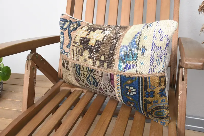 Turkish Corner Pillow Sham, Ethnical Kilim Rug Pillow, Cushion Cover, 12x20 Blue Cushion Cover, Interior Designer Pillow, Gift Pillow - 3