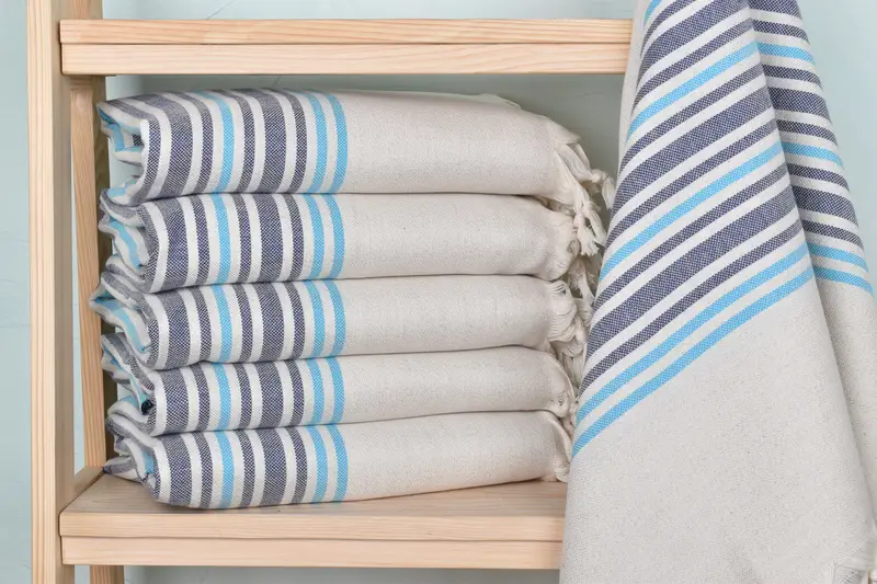 Linen Towel Turquoise-Navy Blue, Organic Cotton/Linen, 36x71 Inches