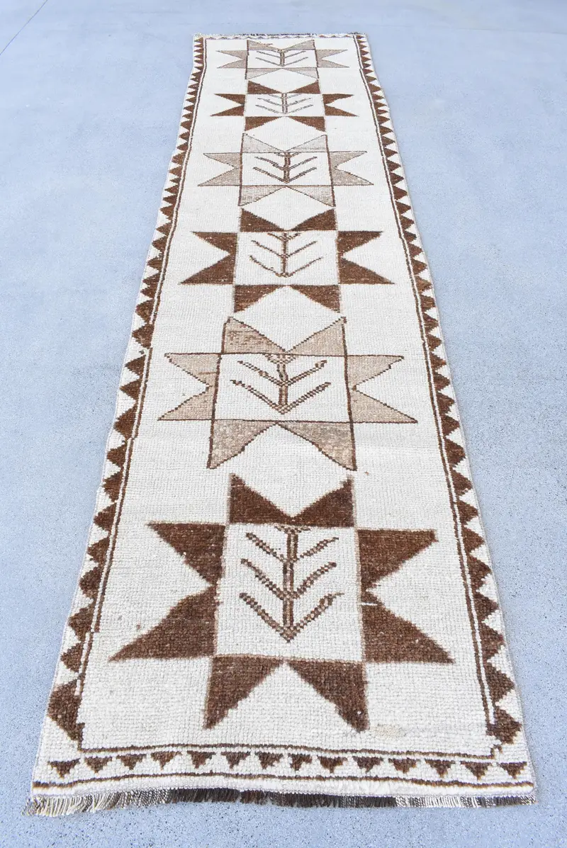 Vintage Turkish Runner Rug 3x11.6 ft, White Brown Solid Rug - 1