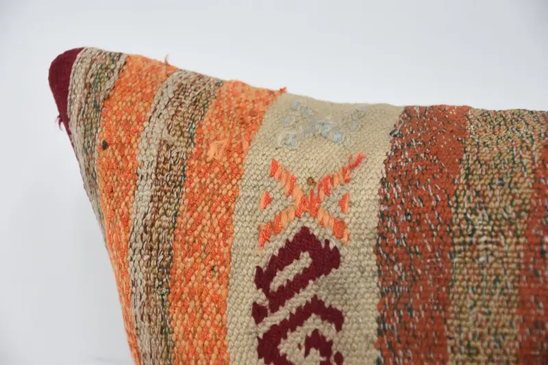 Orange & Red Geometric Embroidered Pillow, 12x24 Inches Size Pillow - 2