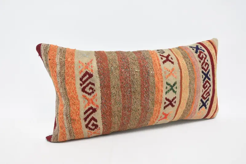Orange & Red Geometric Embroidered Pillow, 12x24 Inches Size Pillow - 3