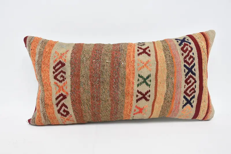 Orange & Red Geometric Embroidered Pillow, 12x24 Inches Size Pillow - 1